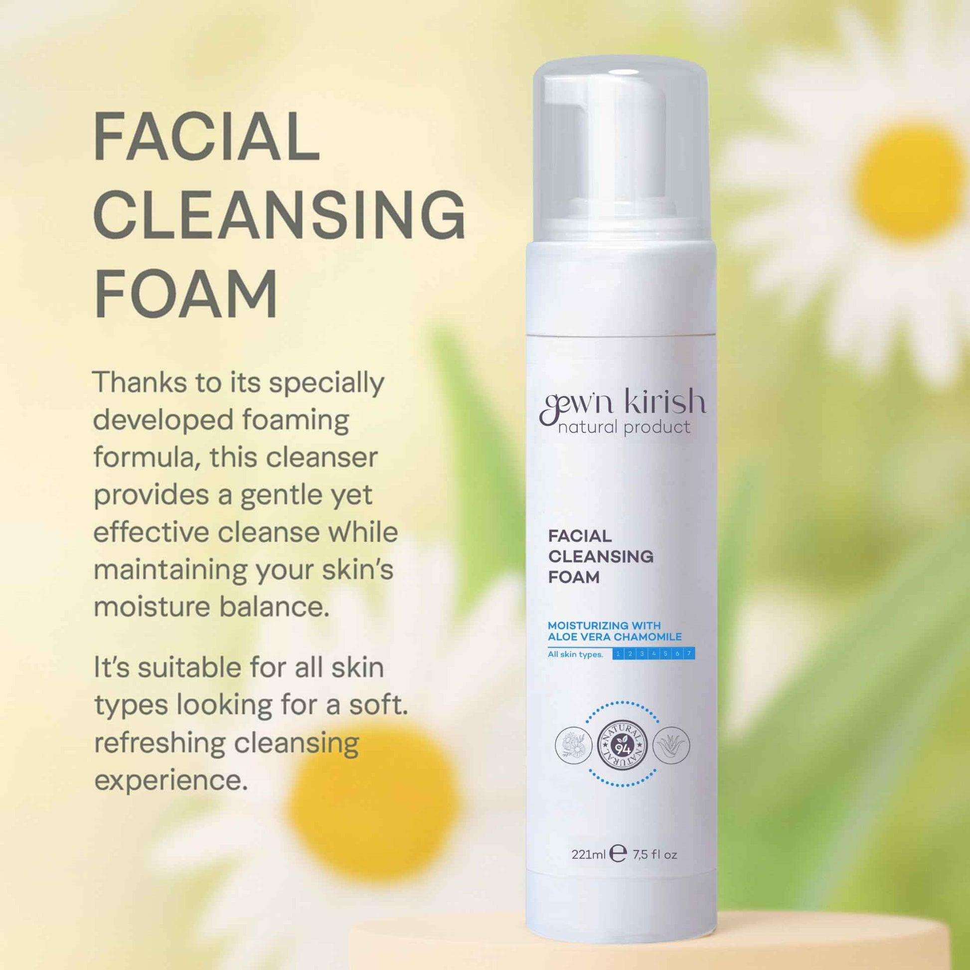 Gew’n Kirish Facial Cleansing Foam – Gentle Daily Cleanser for All Skin Types, With Aloe Vera, Chamomile, Niacinamide, Moisture-Balancing Soft Lather, 7.5 fl oz
