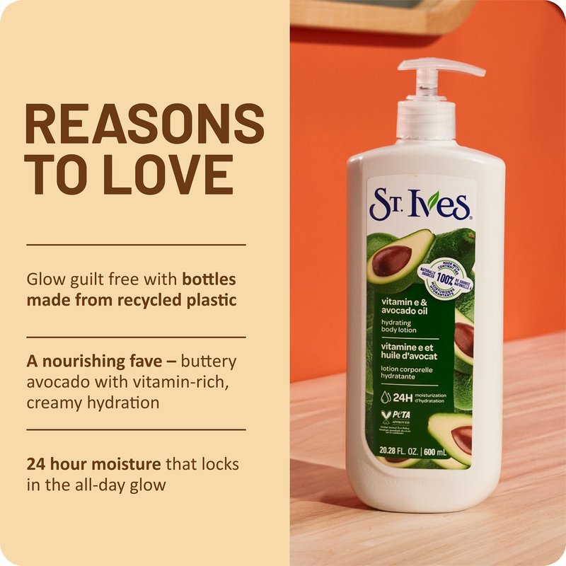 St. Ives Hand & Body Lotion, Hydrating Vitamin E & Avocado Oil 4-Pack – 24H Moisturizer for Dry Skin, 20.28 Oz Ea