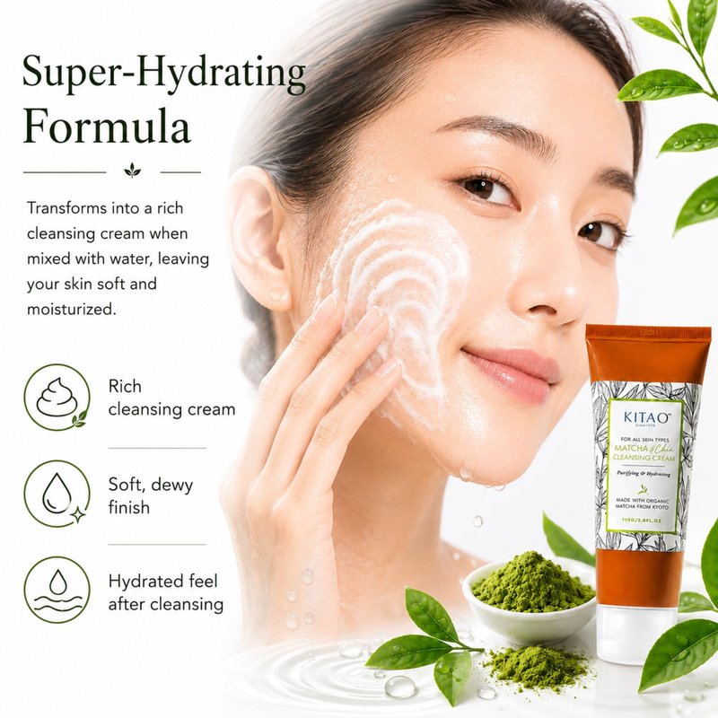 KITAO Organic Moisturizing Oil & Makeup Remover for Dry, Oily & Sensitive Skin Women & Men, Hydrating Cleansing Cream with Natural Matcha& Chia& Antioxidant for Eyes, Face, Lip from Japan, 3.8 Fl Oz