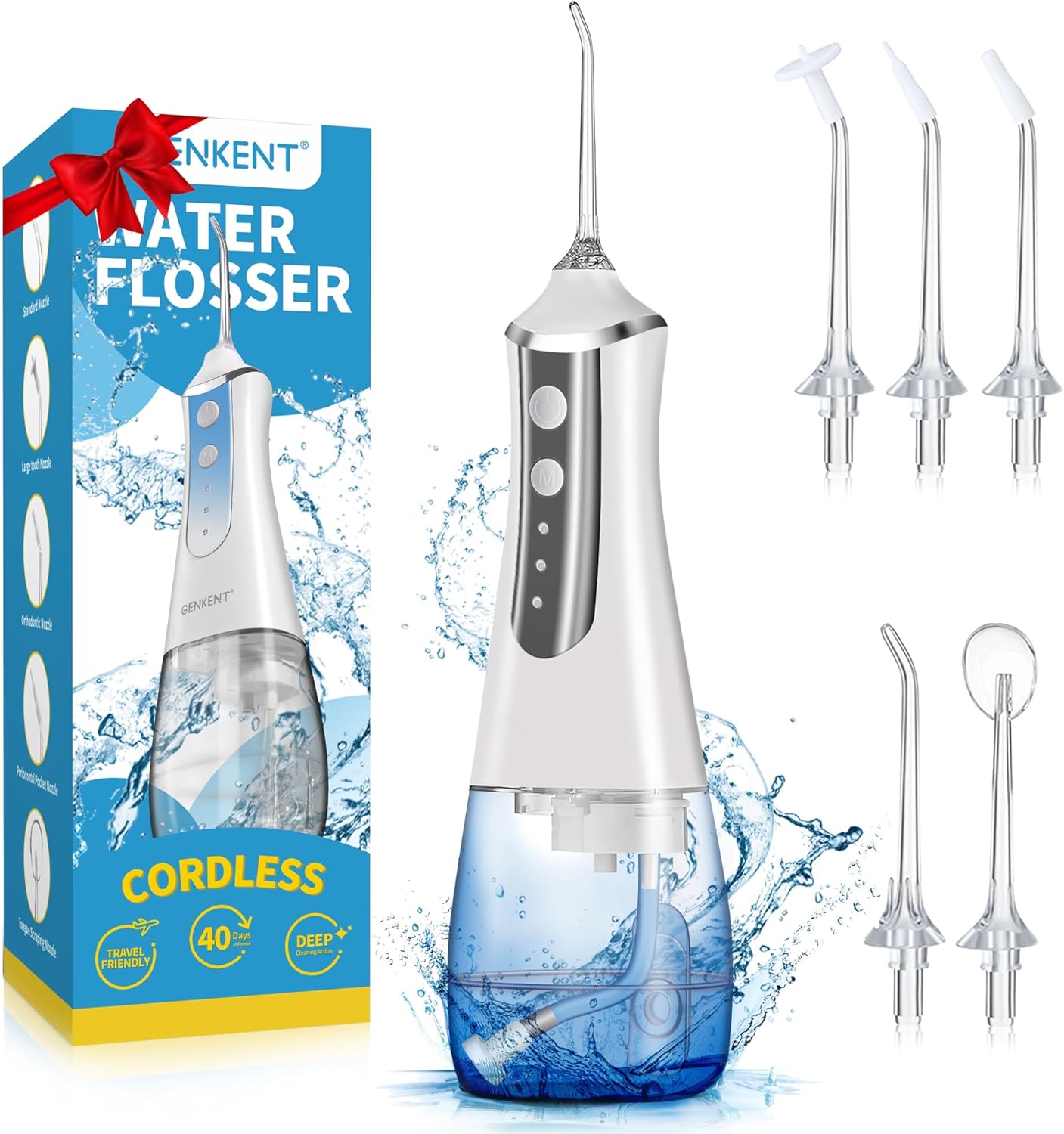 Water Flosser | 300ML Rechargeable Dental Oral Irrigator with 3 Modes & 5 Tips - Waterproof Electric Flossing Device (White)