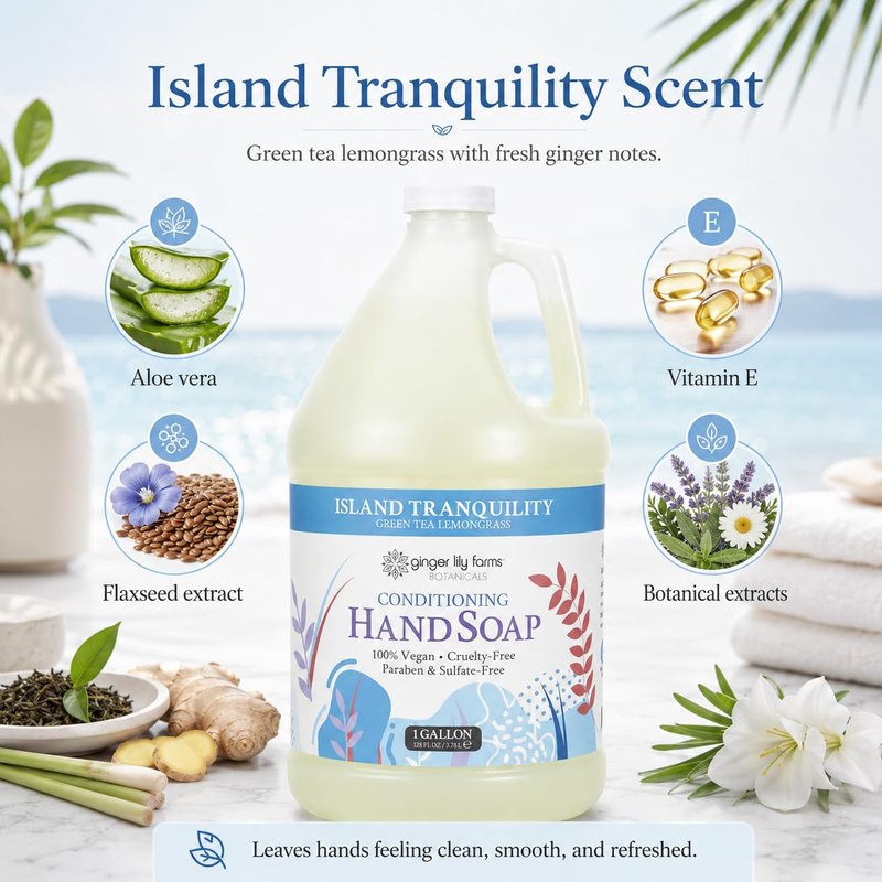 Ginger Lily Farms Botanicals All-Purpose Liquid Hand Soap Refill, Island Tranquility, 100% Vegan & Cruelty-Free, Green Tea Lemongrass Scent, 1 Gallon (128 fl oz)
