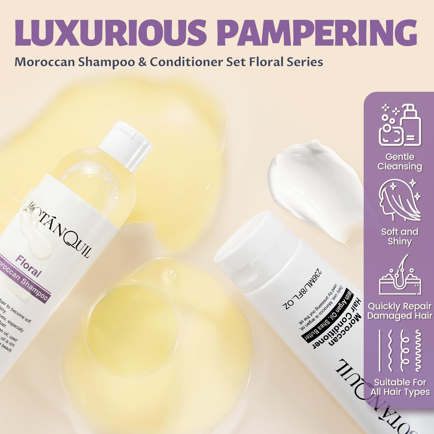 BOTANQUIL Moroccan Shampoo and Conditioner Set with Argan Oil, Shea Butter & Hyaluronic Acid Plant Based Gentle Cleansing for Dry, Damaged Hair, Hair Hydrating Anti Frizz- Floral Scent