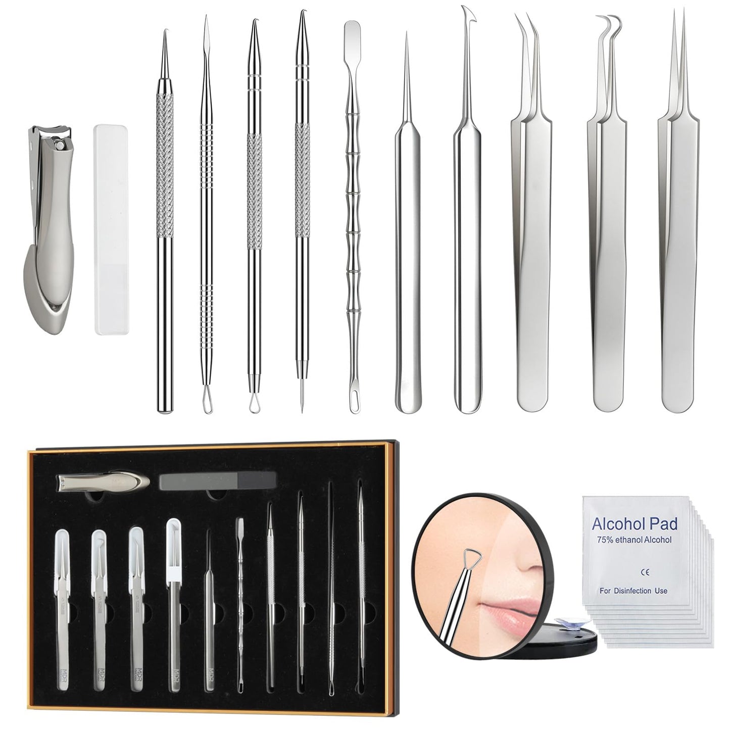 12PCS Professional Salon Grade Blackhead Remover Tool Kit, Comedone Extractor Set for Facial Acne Pimple Blemish Whitehead, Comes with 10X Magnifying Mirror & 20 Alcohol Prep Pads