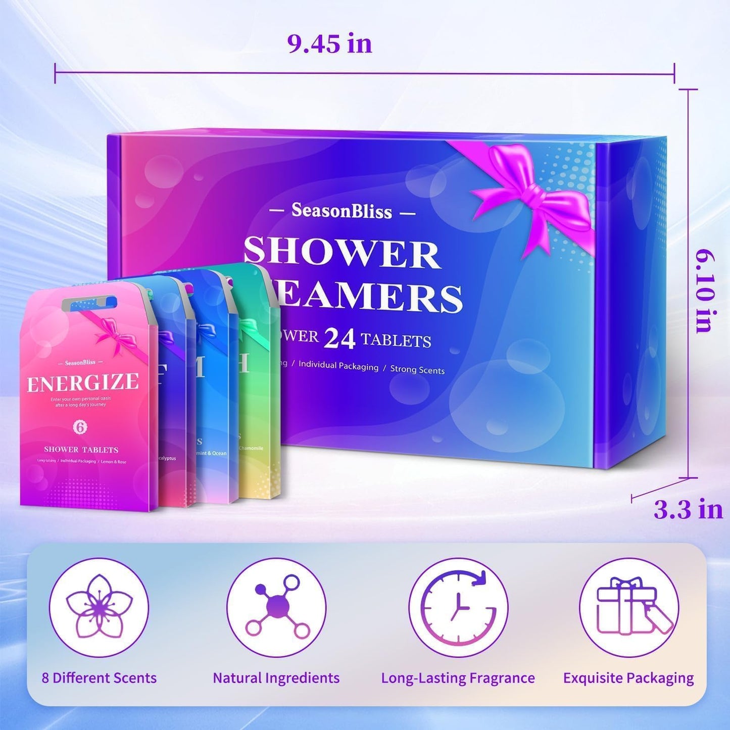 SeasonBliss Shower Steamers 24 Pack, Shower Tablets, Natural Ingredients, 8 Different Scents, Individually Wrapped Shower Steamer, Shower Steamers for Women