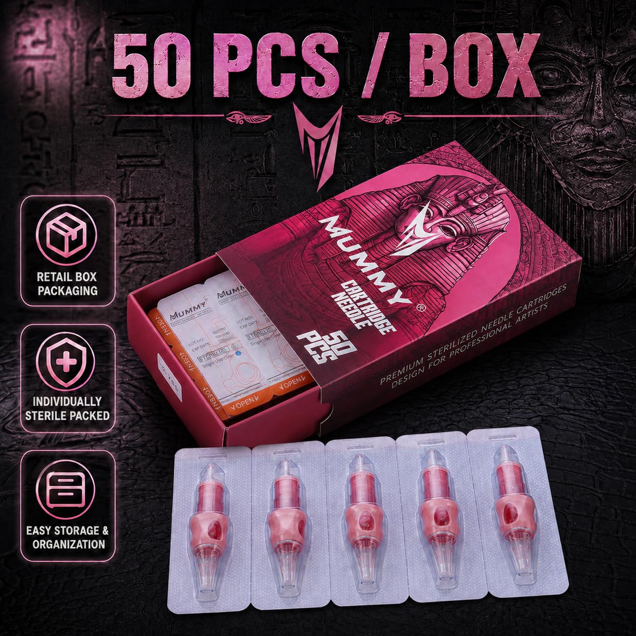 Mummy Tattoo Needle Cartridges Mixed Round Shader Bugpin 50pcs, 3/5/7/9/11RS