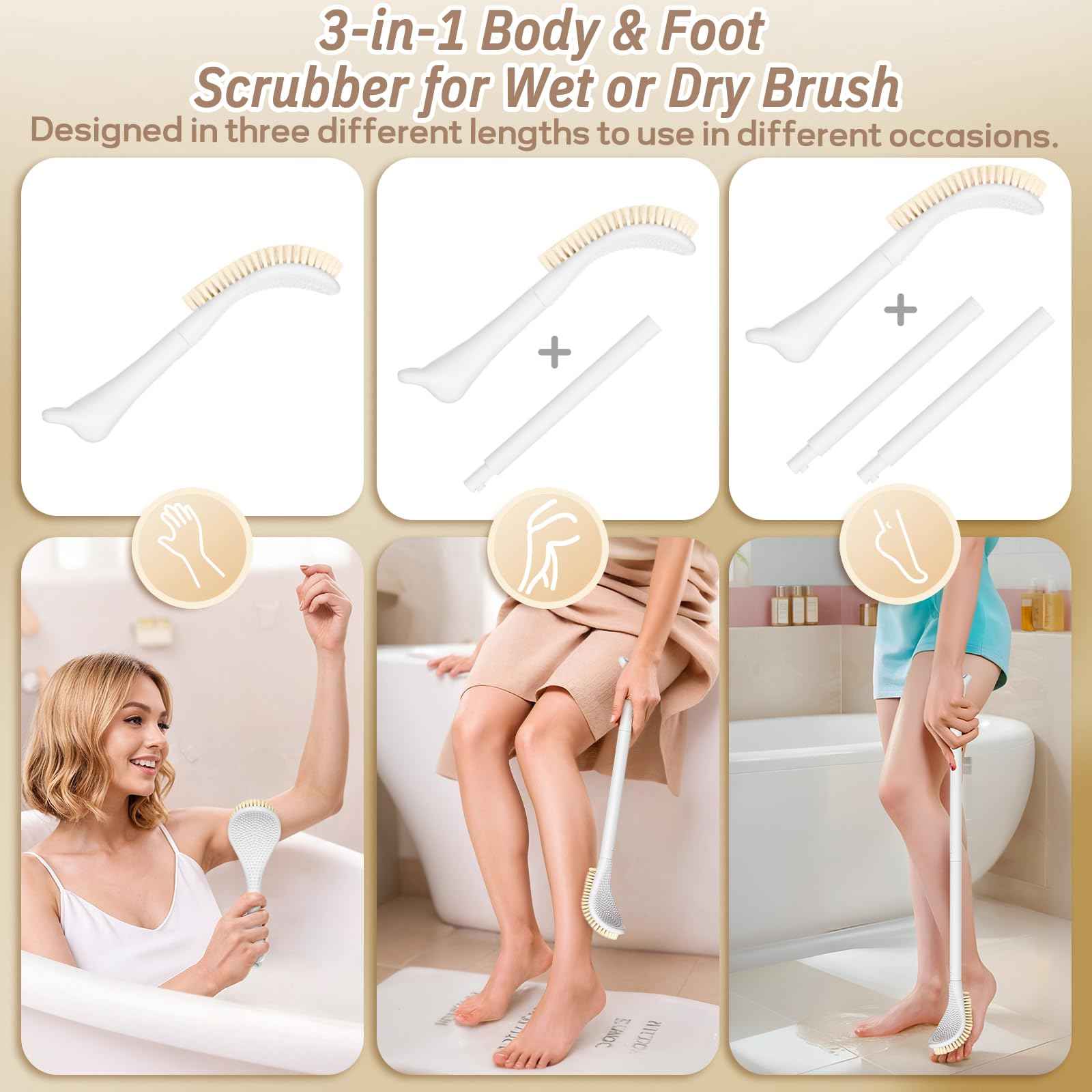GEENOA New Foot Brush with Adjustable Long Handle, 3-in-1 Foot Scrubber for Wet or Dry Brushing, 10.2’’- 27.5’’ Foot Scrub Brush for Senior, Pregnant, Disabled, or Injured, Gift-Box Packed(White)