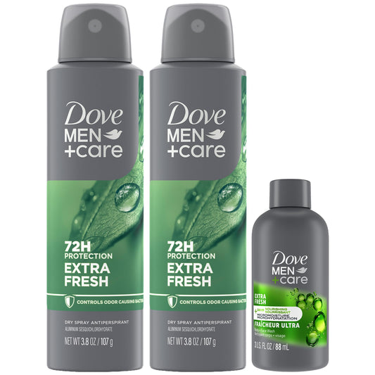 Dove Men+Care Dry Spray Antiperspirant for Men 2-Pack (3.8 Oz Ea) + Travel Body Wash (3 Oz) – 72H Protection, Long-Lasting Extra Fresh Fragrance