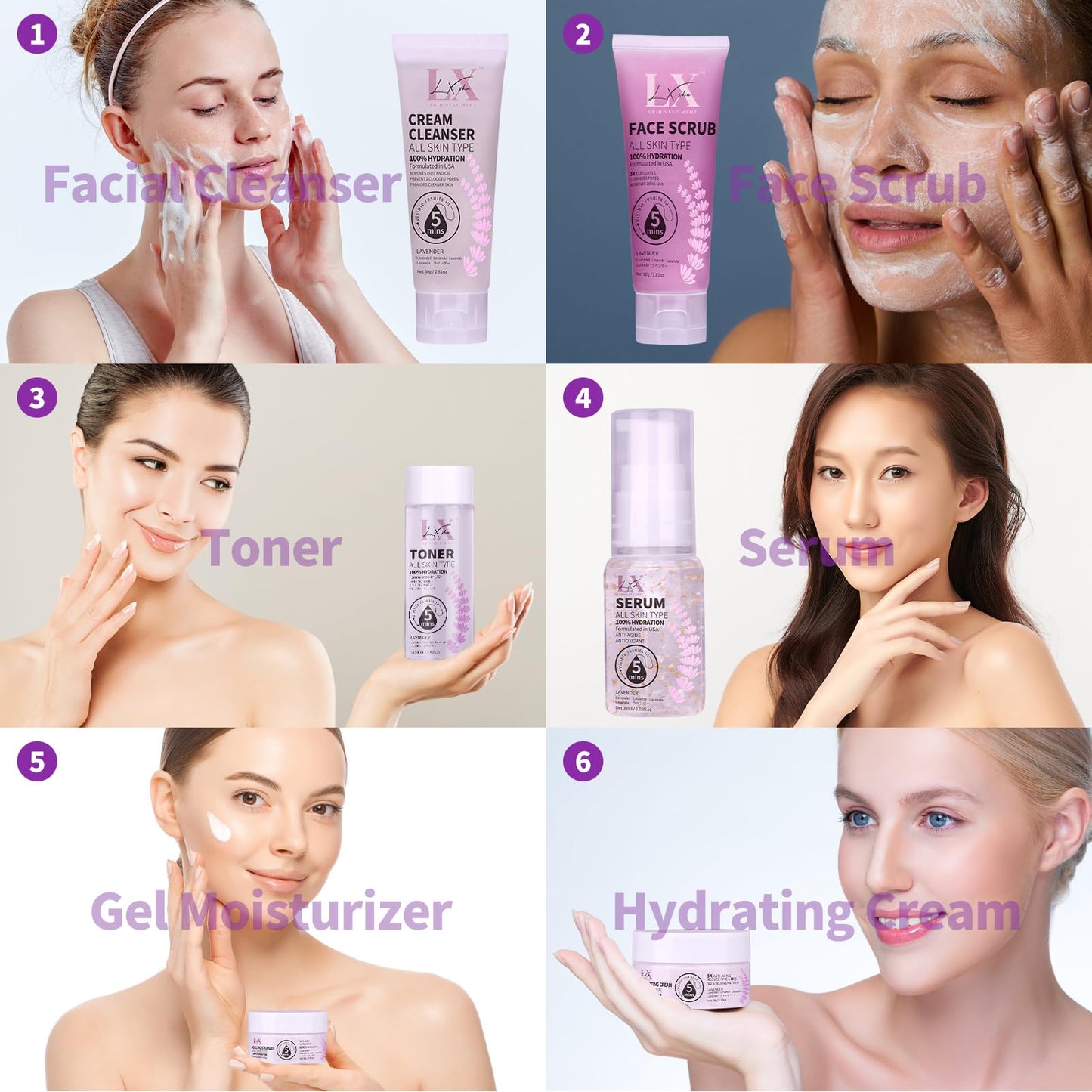 LXSKN Skin Care Set - Face Care with Cleanser Face Scrub Toner Serum Gel Moisturiser & Hydrating Cream to Reveal Glowing Skin