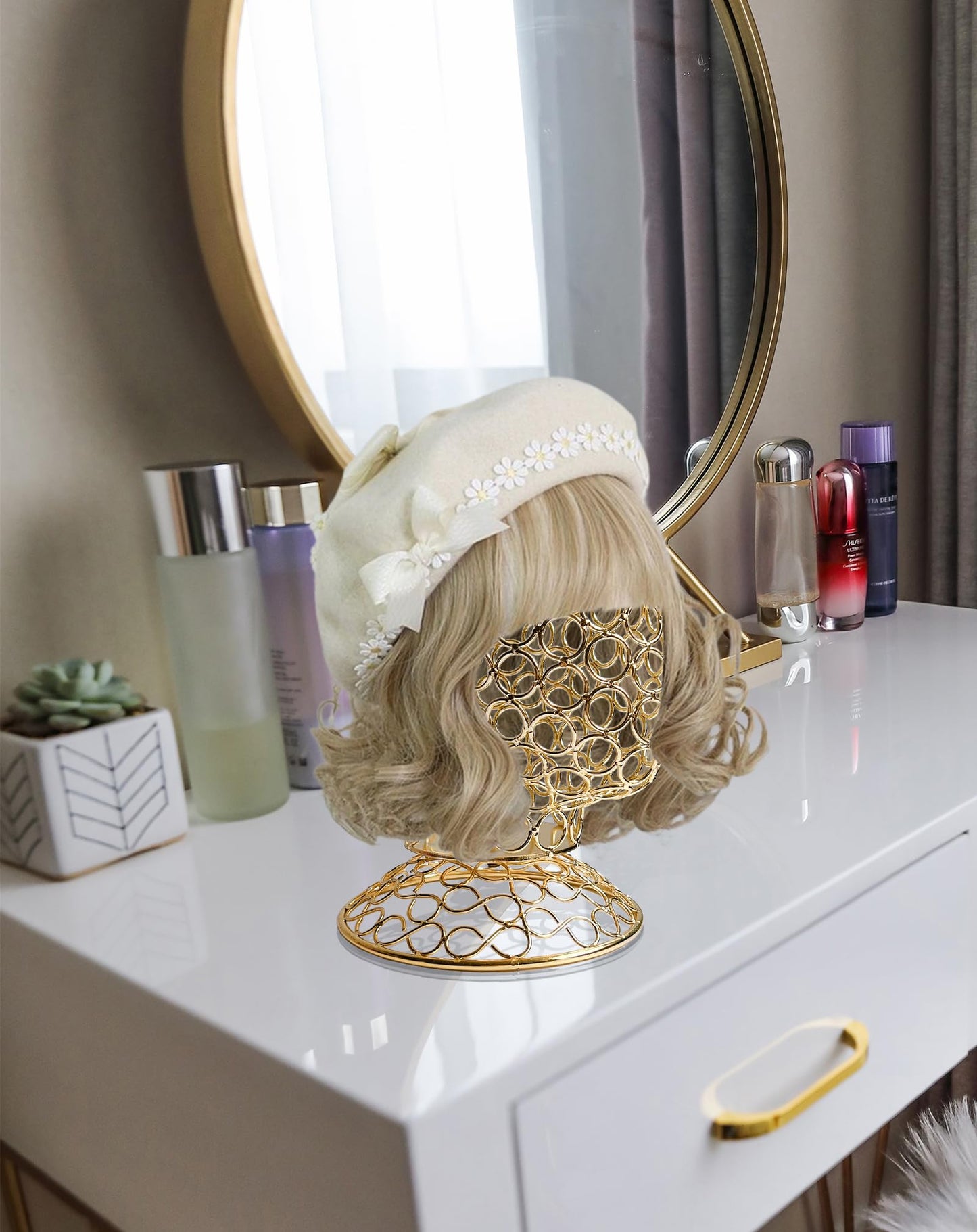 CHADWICK Wig Head Stand Metal Hollow Mannequin Head Hat Display Stand Wig Holder, Wig Display Model Head Wig Stand for Wigs, Hats, Caps, Headdress, Headphones, Dome + Detachable Stand, Chrome Gold