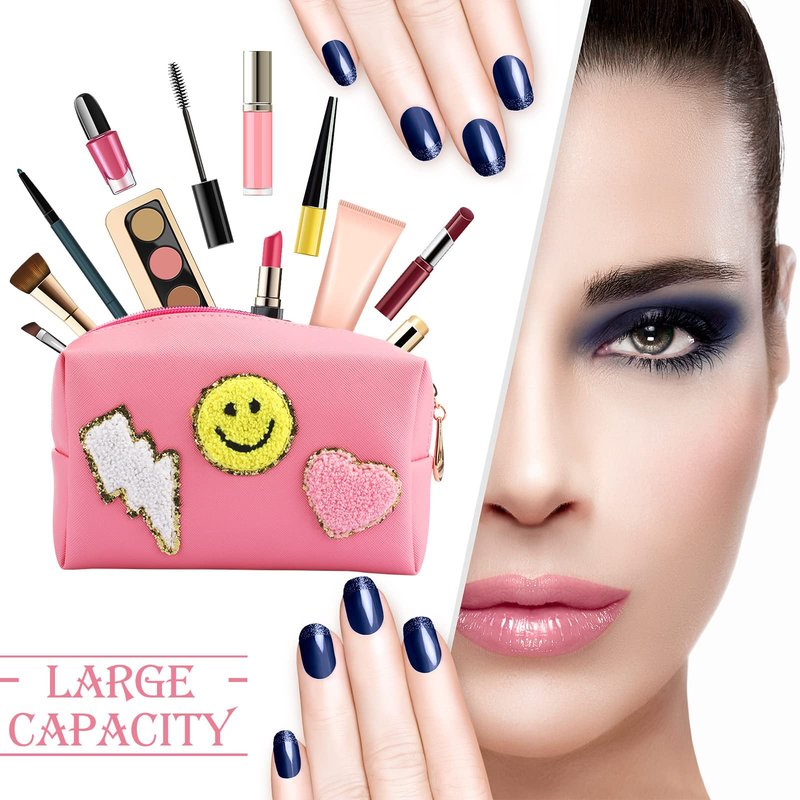 Chunful 9 Pcs Preppy Makeup Bag PU Leather Cosmetic Bag Bulk Makeup Plain Pouch Waterproof Toiletry Purse for Women Traveling Pencil Case Girl's Gift(Multicolor, Smile, Lightning, Heart)