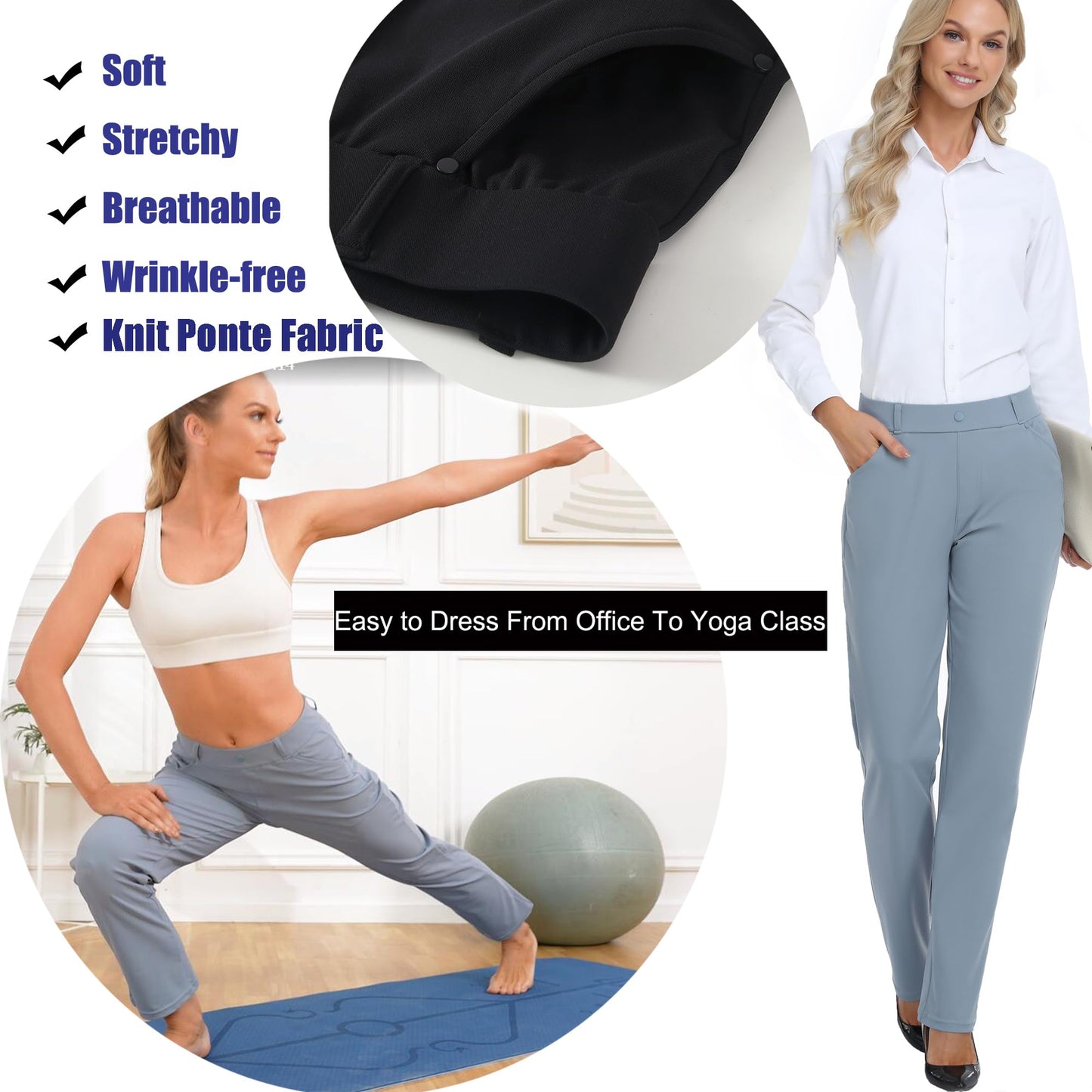 Oalka Women's Dress Pants Straight Leg Yoga Work Stretchy Pant for Office Business Denim Blue Long L