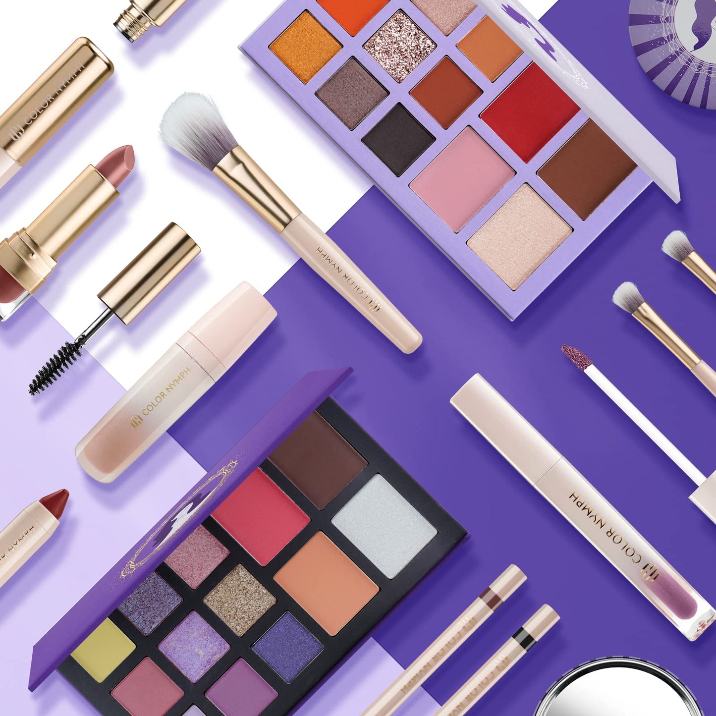 Color Nymph Makeup Gift Set For Teens, Full Kit With Make Up Kits Beginner Makeup Sets with Paper Exquisite Purple Cosmetics Box 2 Eyeshadow Palettes, Mascara, Lipstick, Lipgloss Makeup Set Brushes