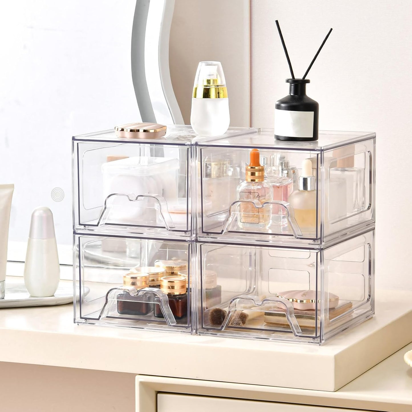 Stackable Makeup Organizer - Clear Plastic Storage Drawers Set of 4 | Ideal for Vanity & Bathroom Organization
