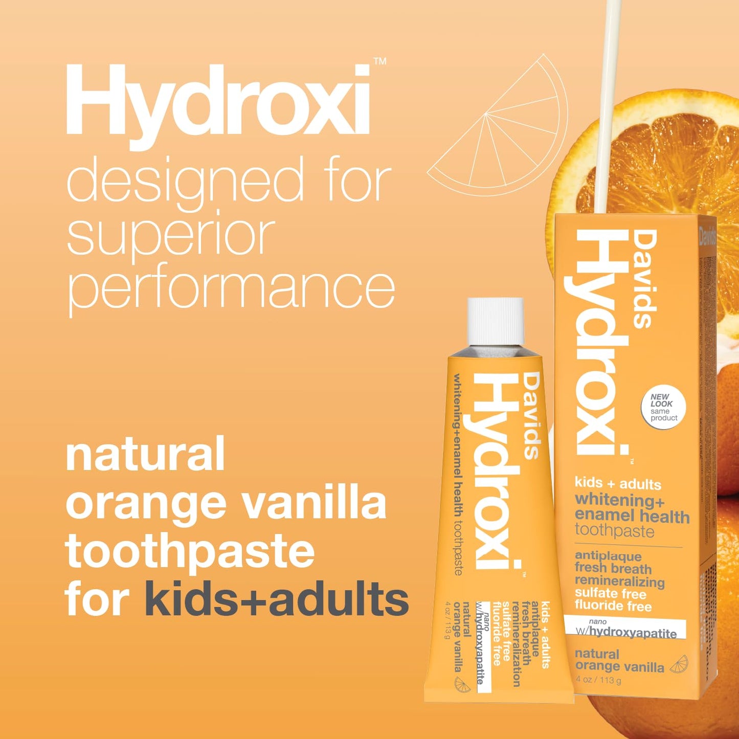 Davids Hydroxi Fluoride Free Nano Hydroxyapatite Toothpaste for Enamel Health & Whitening, Antiplaque, SLS Free, Kid Friendly Orange Vanilla Flavor, 4 oz, Made in USA