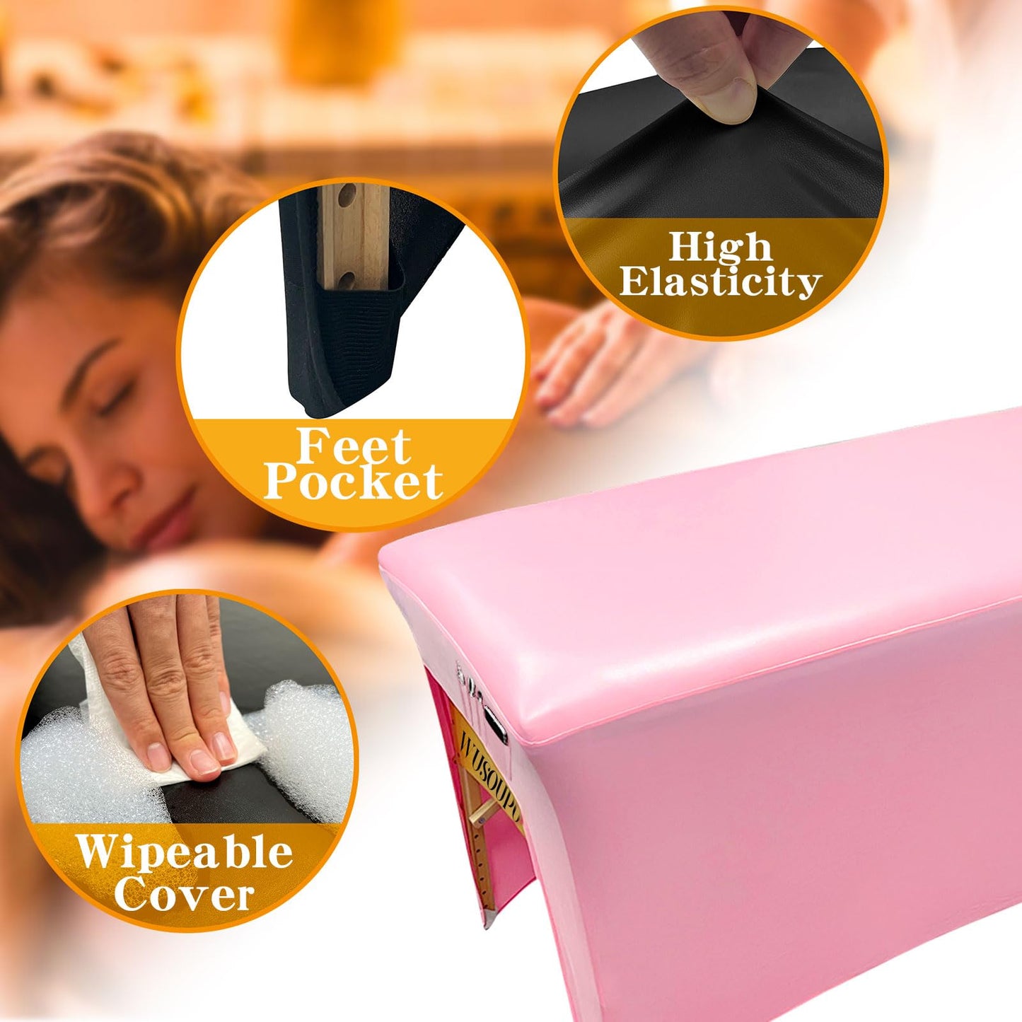 Wipeable Lash Bed Cover PU Leahter Massage Table Cover with Storage Pocket, Reusable Massage Bed Cover Pink Spa Bed Cover High Elasticity Wax Bed Cover for Esthetician (6FT, Pink)