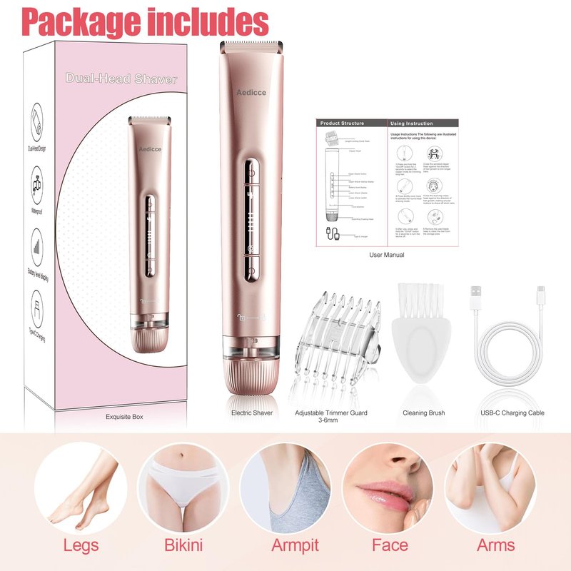 Bikini Trimmer for Women 2 in 1, Dual Head Womens Electric Shaver, Electric Razors for Pubic Hair, IPX7 Waterproof Rechargeable Facial Hair Removal for Shaving Underarm Leg Arm Body Face, Rose Gold