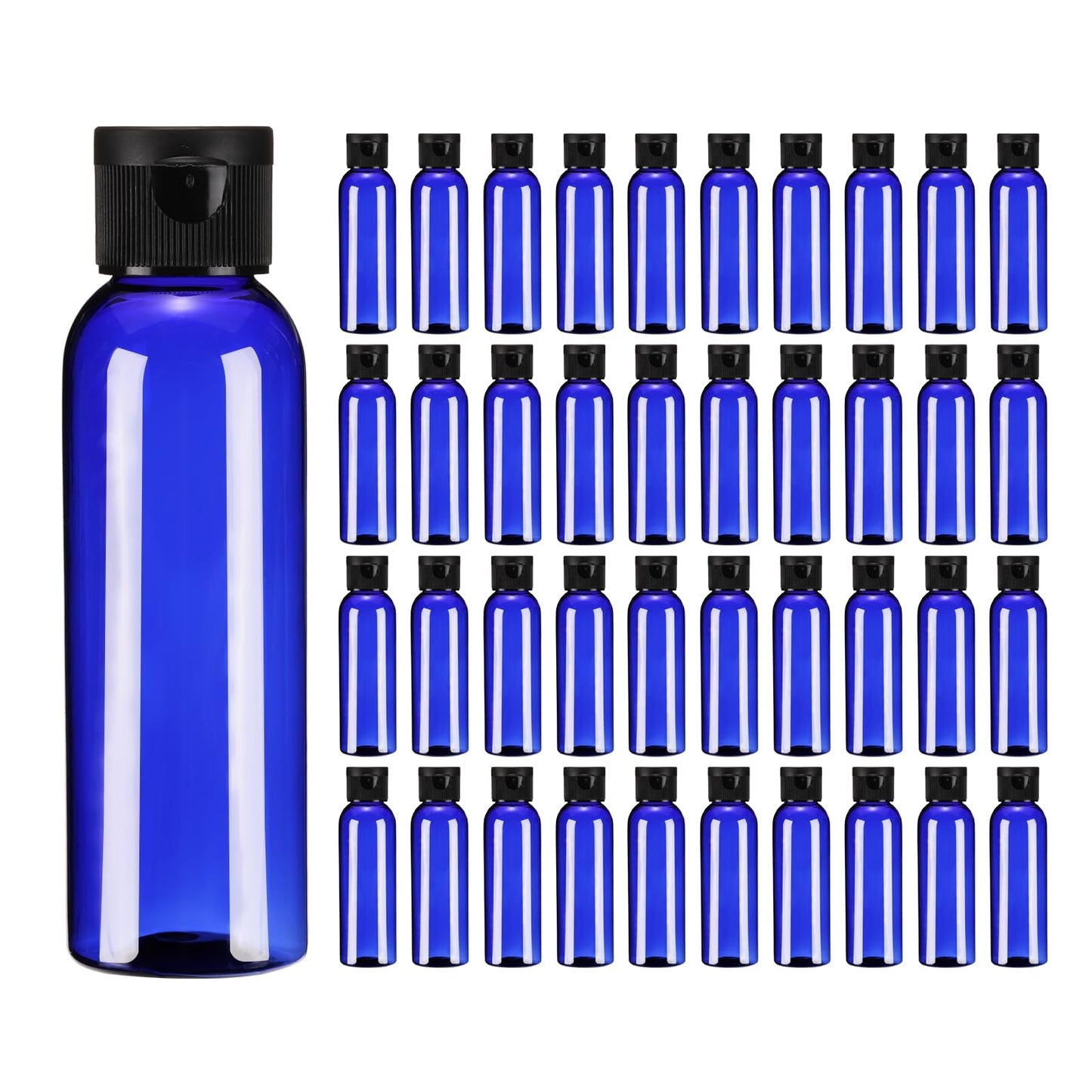uxcell 2 Oz Plastic Bottles with Flip Caps, 100 Pcs Reusable Travel Size Containers with Lids Plastic Squeeze Refillable Dispensing Bottles for Shampoo, Body Soap, Toner(Blue Black)