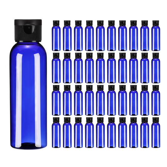 uxcell 2 Oz Plastic Bottles with Flip Caps, 100 Pcs Reusable Travel Size Containers with Lids Plastic Squeeze Refillable Dispensing Bottles for Shampoo, Body Soap, Toner(Blue Black)