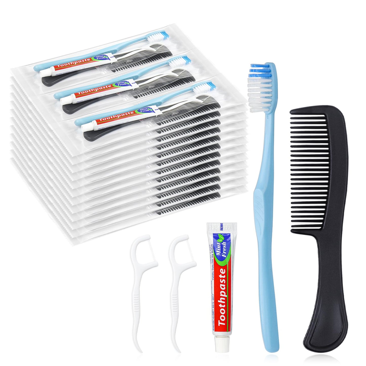 50 Sets Disposable Toothbrushes with Toothpaste Floss Comb Individually Wrapped, Disposable Toothbrush Bulk, 10g Toothpaste,Dental Floss,6in Comb Bulk Toothbrush Kit for Homeless,Airbnb,Hotel
