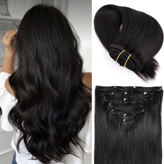 Savasana Clip in Hair Extensions Real Human Hair Straight 7 Pcs Long Black Hair Extensions Double Weft Thick Natural Black 14 Inch 80g