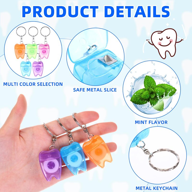 Landical 100 Pcs Mini Dental Floss Keychain Bulk Tooth Shaped Portable Floss Cleaning for Travel Homeless Donated Gifts Teeth Cleaning Oral Care 15 M /16.4 Yard (Multicolor)