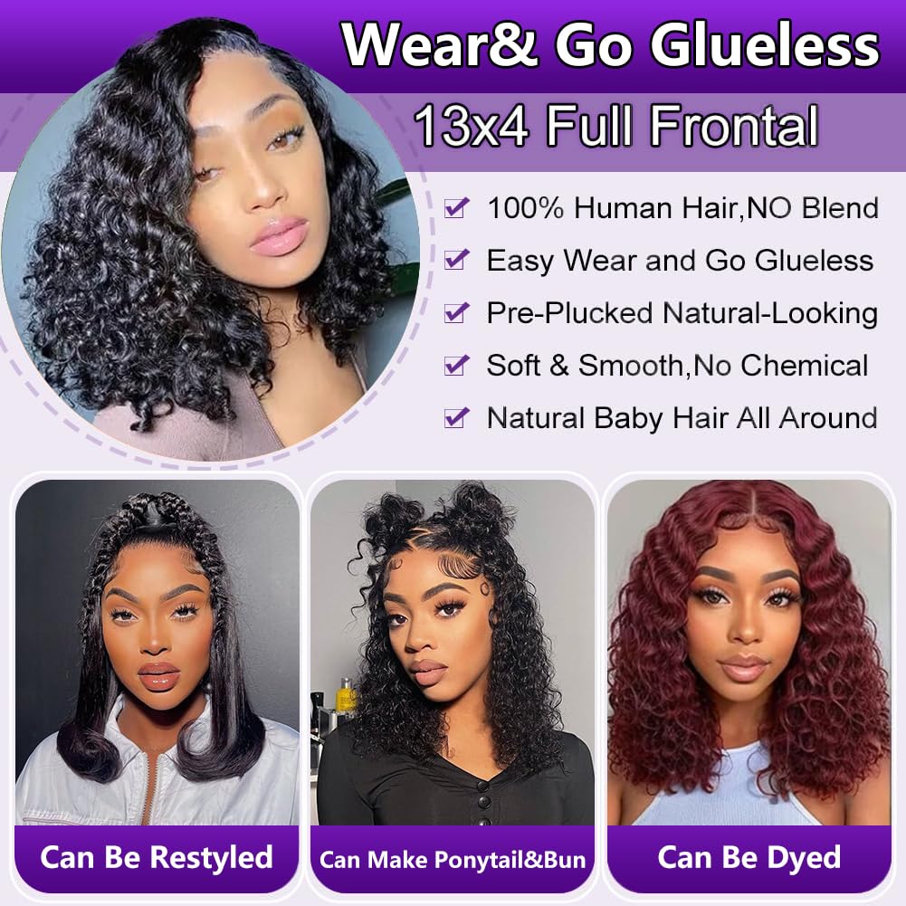 Sungirl Bob Wig Human Hair 13x4 Deep Wave Curly Lace Front Wigs Human Hair For Women Short Bob Wig Pre Plucked with Baby Hair Glueless Hair Curly Wigs Nature Hairline 180% Density 8 Inch