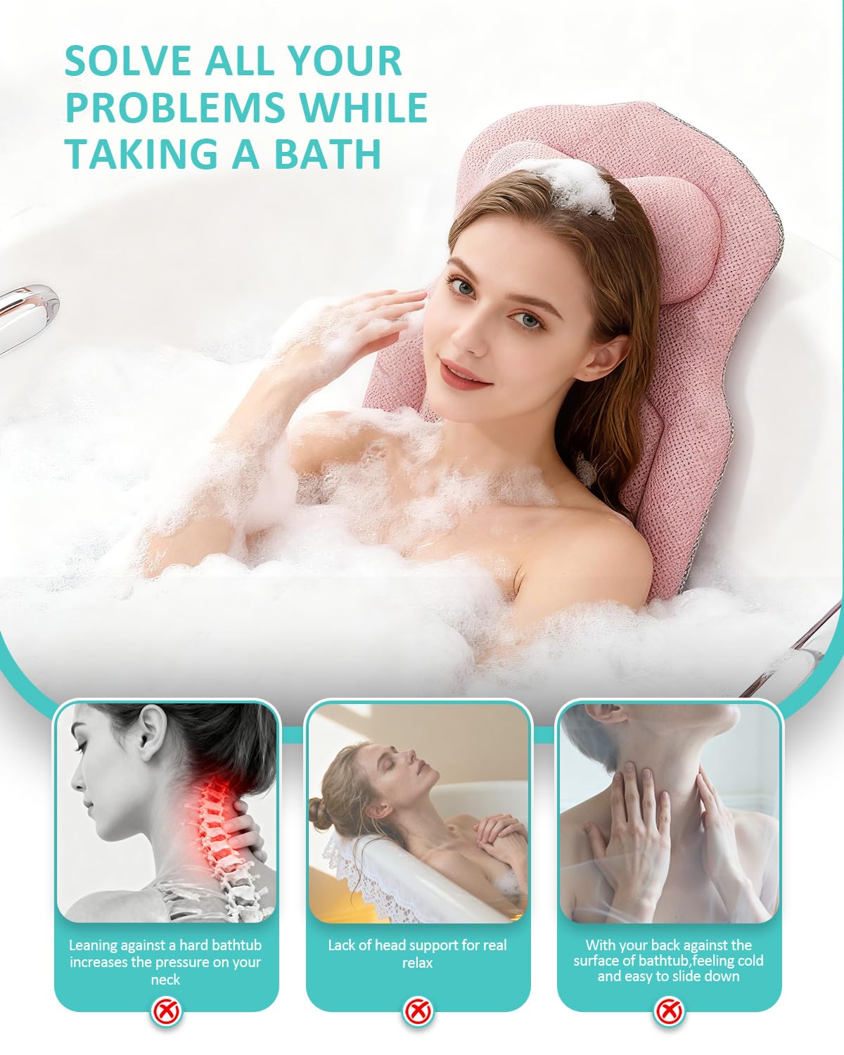 Full Body Bath Pillow for Bathtub, 5D Thick Tub Pillow for Bathtub with 192 Non-Slip Suction Cups, Laundry Bag & Hook, Bathtub Pillow for Head, Neck & Back Support (Pink, 51"*15")