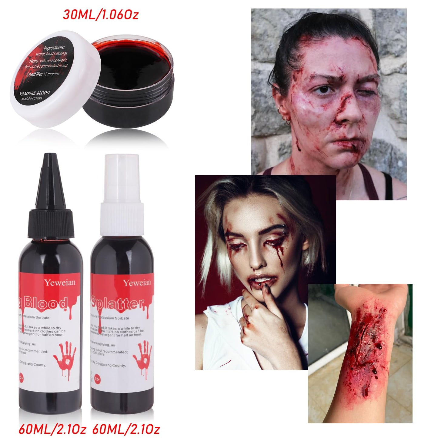 Yeweian 4PCS Fake Blood Makeup Kit, Washable Fake Blood Spray 2.1oz, Dripping Blood 2.1oz, Coagulated Blood 1.06oz and One Stipple Sponge, Halloween SFX Makeup for Zombie,Vampire and Monster Cosplay
