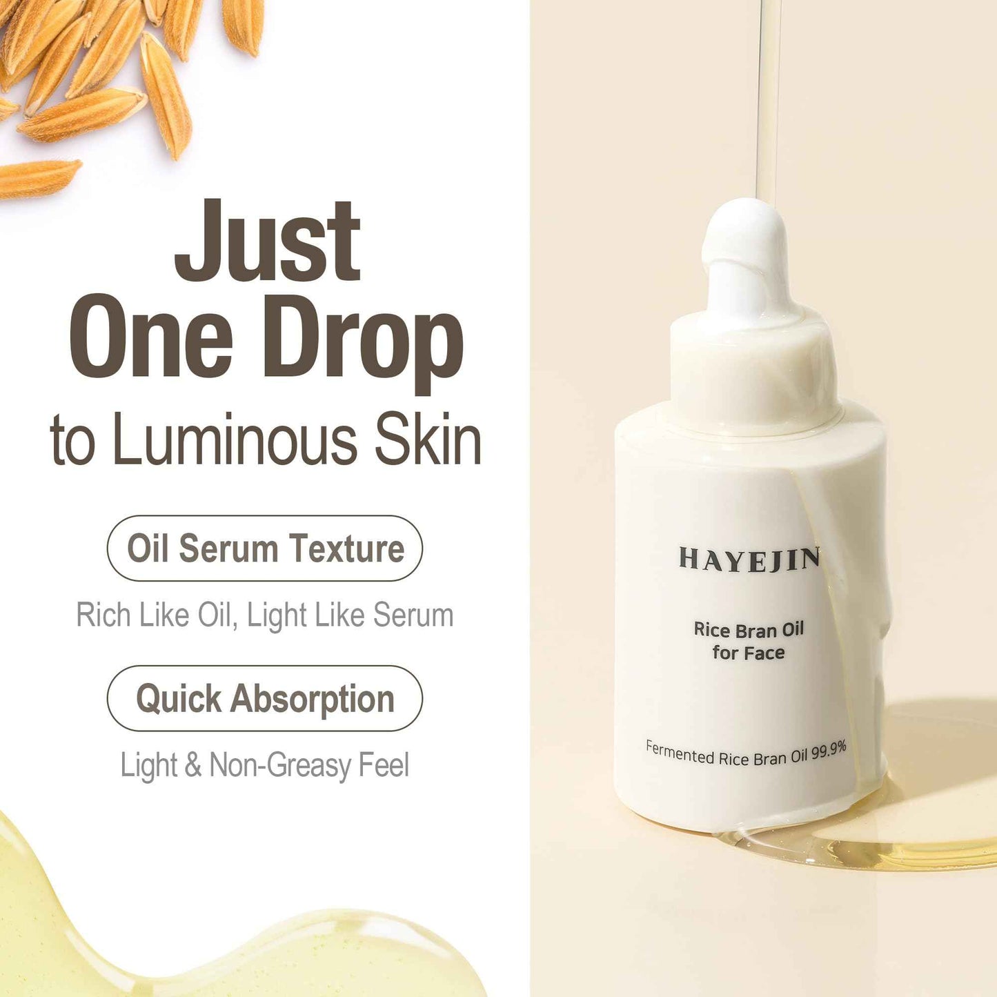 HAYEJIN Rice Bran Oil for Face | Face Moisturizer w/Fermented Rice Bran Oil | Korean Face Oil for Women | Face Serum for Glowing Skin | Korean Skin Care Facial Oils (Pack of 1, 1.01 Fl. Oz)