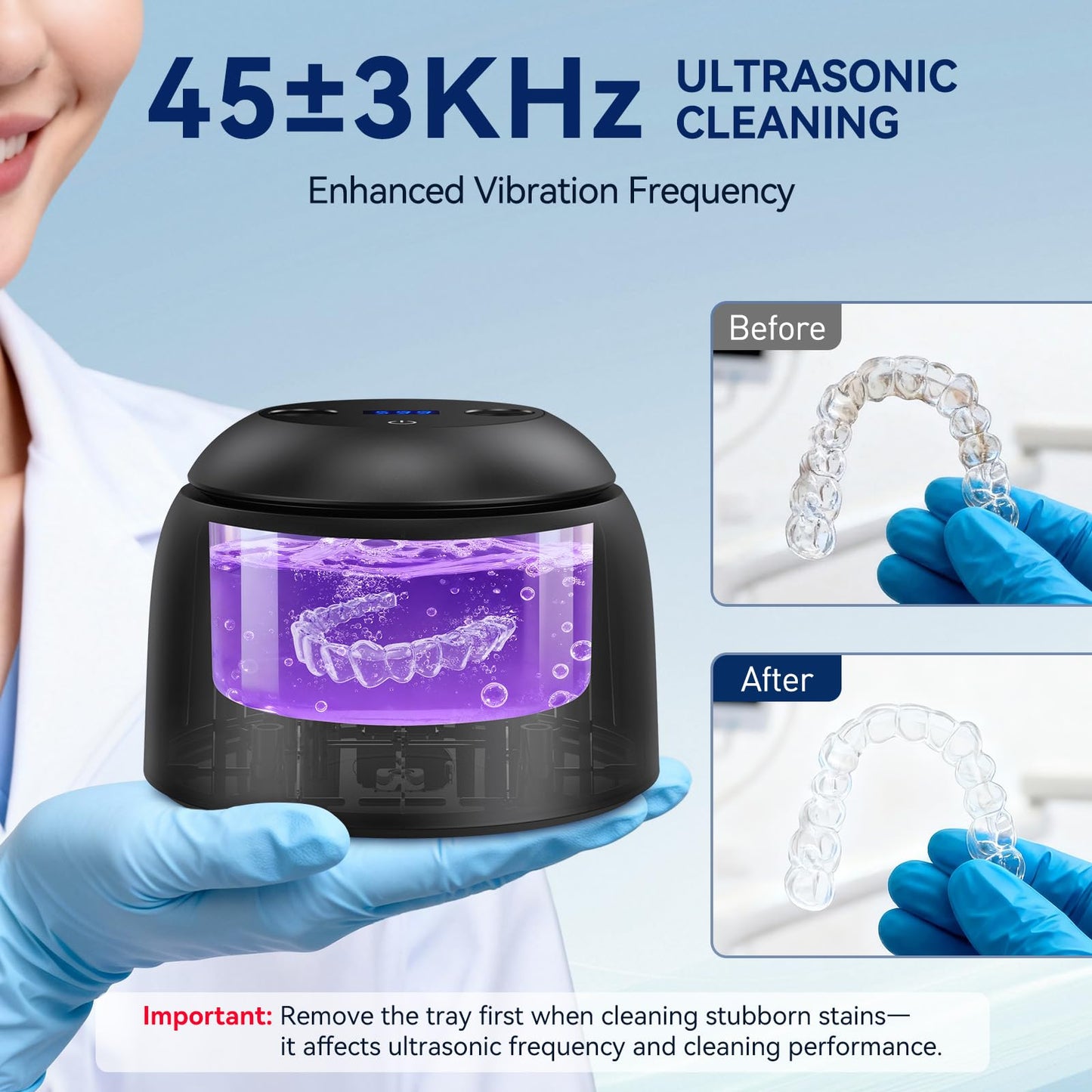 Ultrasonic Retainer Cleaner Machine - 45±3kHz Frequency,with Digital Timer, Auto Lift Tray,UVC+UVA Lamp,IPX6 & SUS304 Tank,Dental Clean Pod for Denture,Aligner,Jewelry,Toothbrush