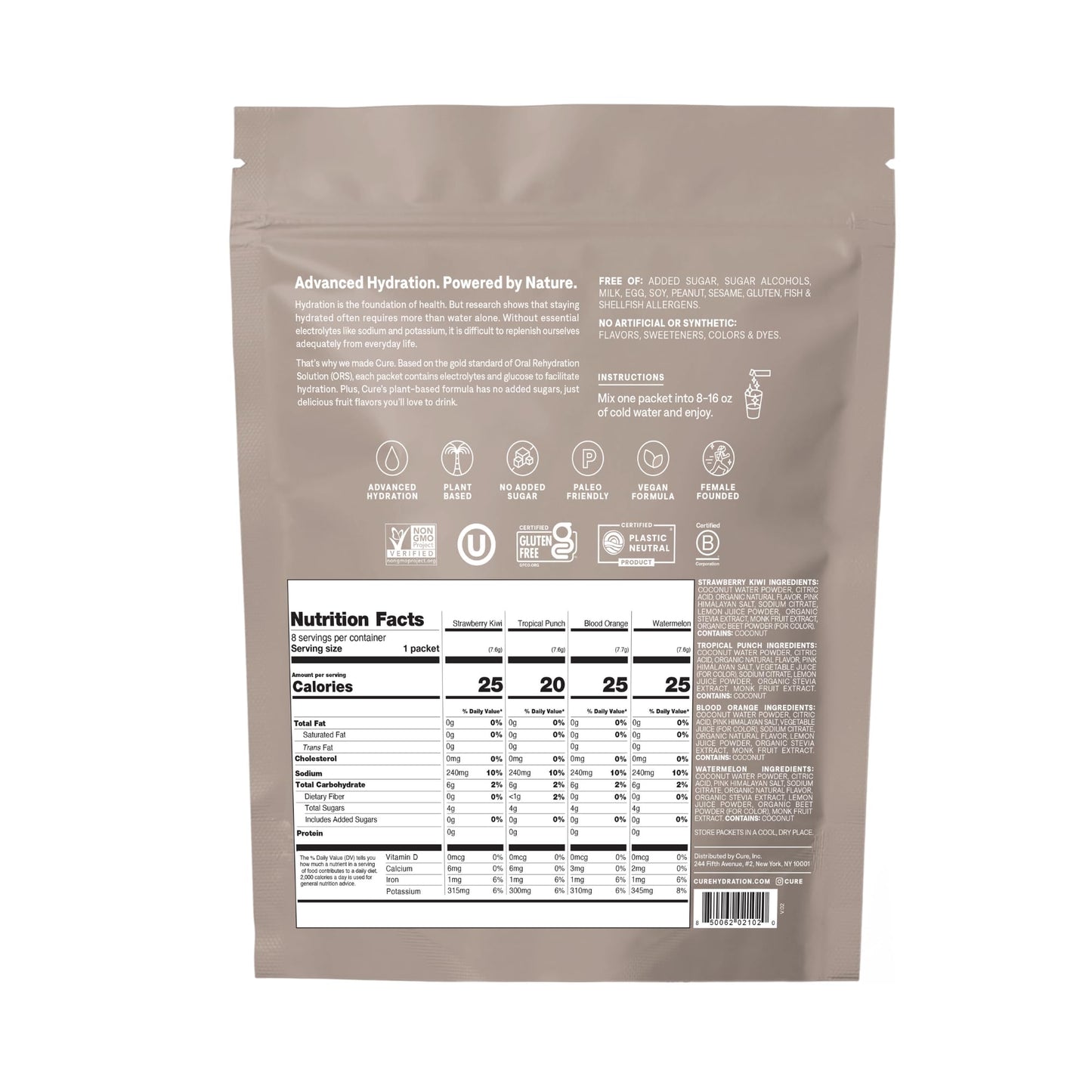 Cure Hydration | Plant-Based Electrolyte Drink Mix | No Added Sugar | FSA-HSA | Dehydration Relief Powder Made with Coconut Water | Non-GMO | Vegan | 8 Packets - Tropical Variety Pack