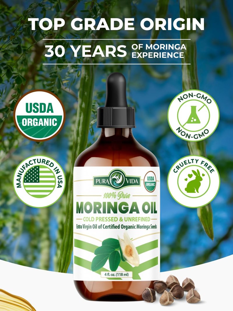 100% Pure Moringa Oil Organic for Face, Hair, Nails and Dry Skin - USDA Certified Single Origin Moringa Oleifera Seeds Extract - 3rd Party Tested, Cold Pressed & Unrefined Organic Moringa Seed Oil
