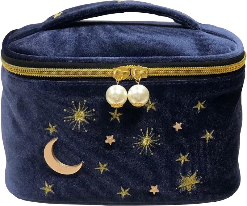 Navy Velvet Embroidery Makeup Bag - High Capacity Toiletry Pouch with Moon & Stars Pattern | Travel Clutch Bag