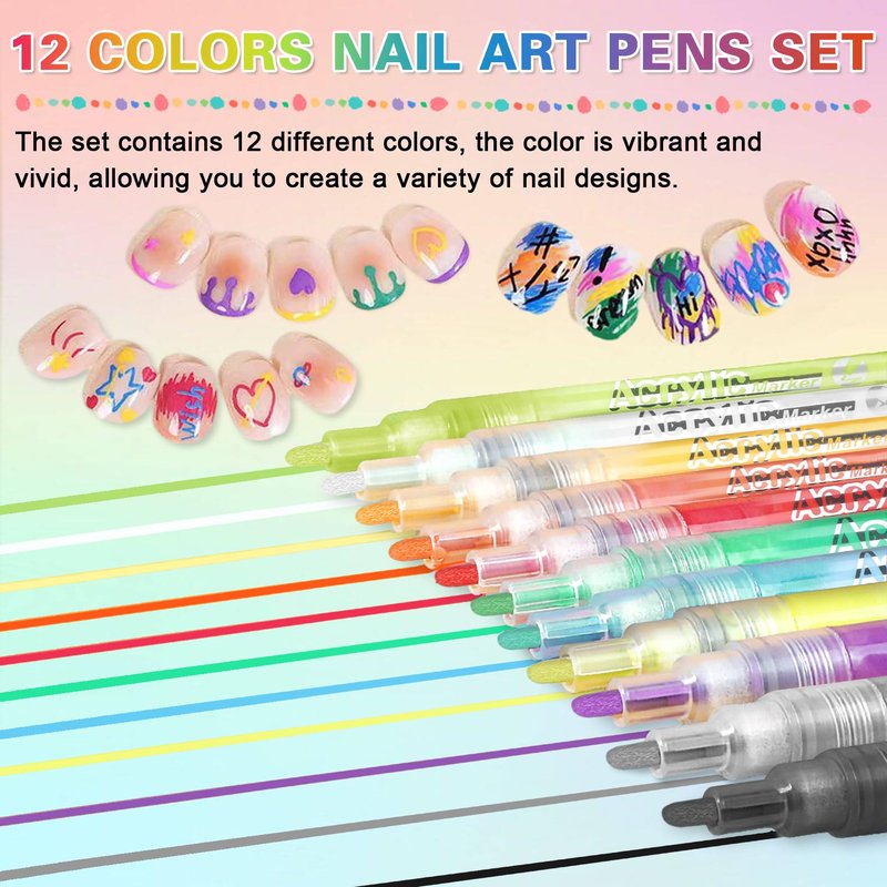 AOAZXBB 12 Colors Nail Art Pens Set Nail Polish Pens, Waterproof Quick-Drying Acrylic Paint Nail Art Markers for Home & Salon DIY
