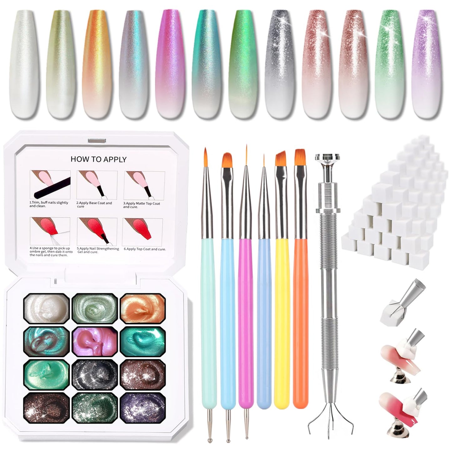 Karroy Christmas Pearl Gel Nail Polish, 12 Colors Glitter Ombre Gel Polish Palette Pat Paint Aurora Mermaid Gold Silver Green Pink Sparkle Reflective Holographic (Set 02)