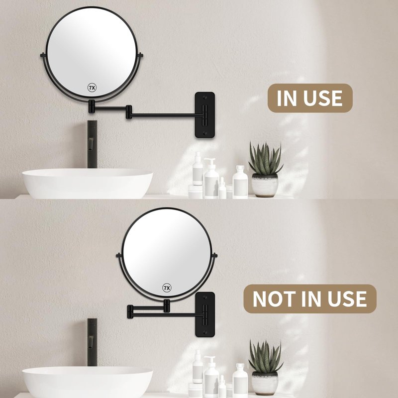 BTremary 8” Wall Mounted Magnifying Makeup Mirror 1X/7X Wall Mount Mirror Swing Arm Two-Sided 360° Swivel Bathroom Shaving Mirror for Men and Women in Hotel/Home, Black