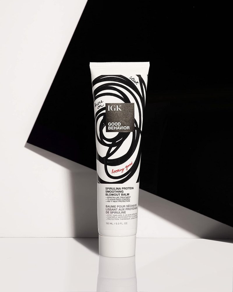 IGK Good Behavior Spirulina Protein Smoothing Blowout Balm - Anti-Frizz Heat Protectant & Styling Cream for Sleek Hair