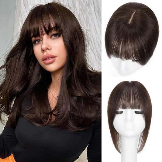Matriarchs Hair Toppers For Women Real Human Hair,12inch Wispy Clip In Bangs Toppers Hair Pieces For Women With Thinning Crown, 360°3D Cover Realistic Scalp Line Hairpieces (Dark Brown)