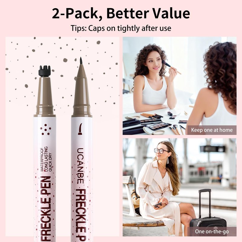 UCANBE 2PCS Dual-Ended Freckle Pen & Freckle Stamp - Precise 15° Curved Tip Makeup Waterproof & Smudge Proof, Long Lasting Faux Freckles Pencils (03 Chestnut)
