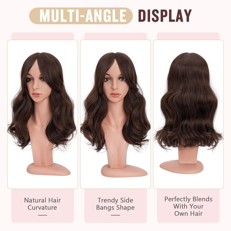 Hairro 18 Inch Long Hair Toppers Wavy with Side Bangs for Women, Clips In Synthetic Hairpieces Capless, for Adding Volume/Birthday/Party/Halloween/Cosplay Dress Up, Dark Brown