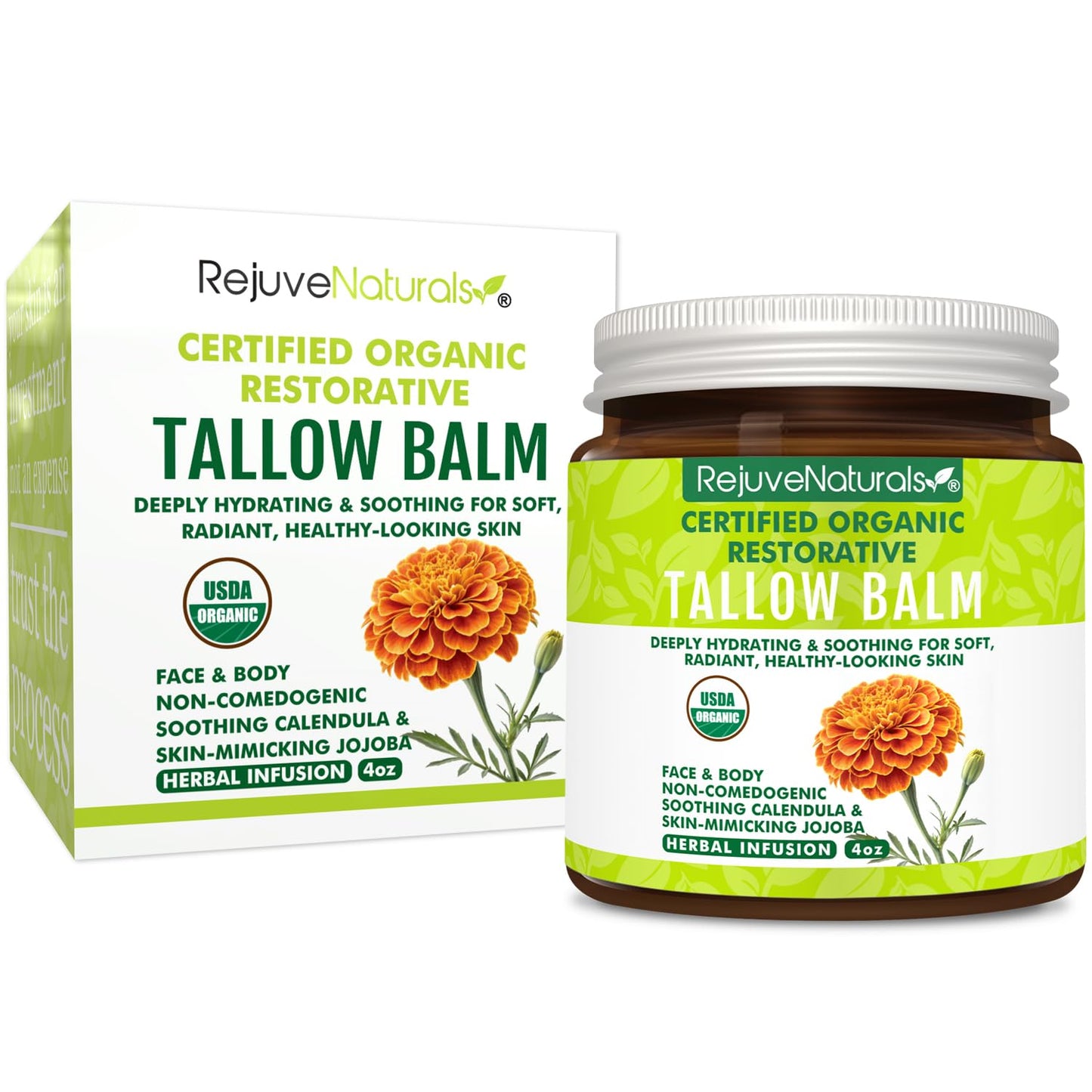 RejuveNaturals USDA Certified Organic Beef Tallow Balm, Large 4oz Glass Jar – Grass Fed & Finished Tallow with Beeswax & Jojoba Oil – Solid, Non-Comedogenic (Herbal Infusion (Unscented))