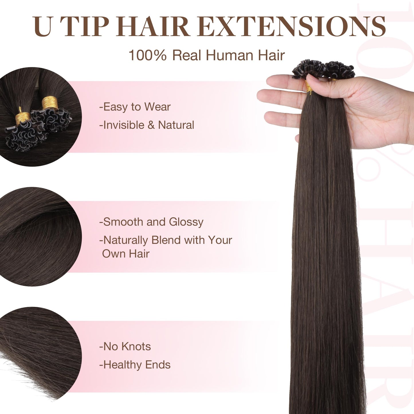 GOO GOO U Tip Hair Extensions, Real Human Hair, 14inch 50g 50S, Hot Fusion, Invisible Remy, 2A Light Brown
