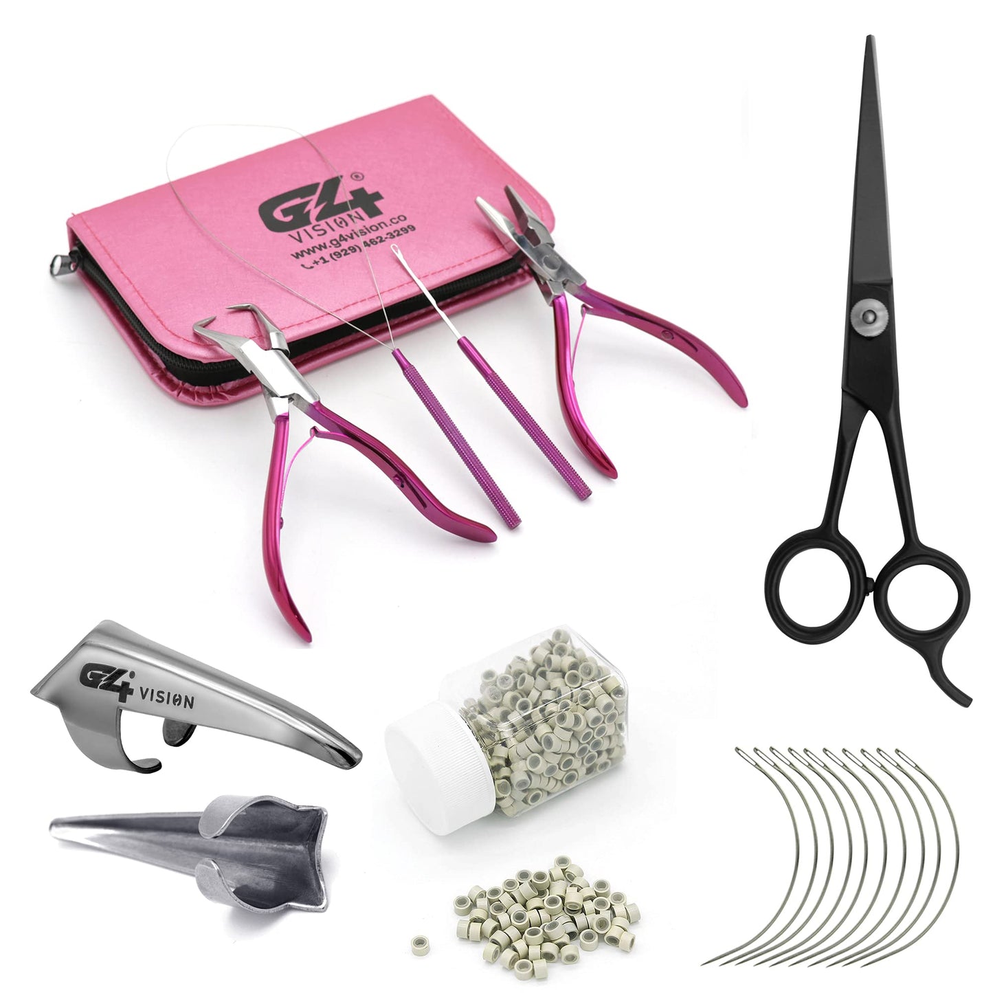 G4 VISION Professional Hair Extension & Beading Tool Kit - 4 Piece Set (Light Blonde Beads) - I-Link Micro Ring Loop Needle Pulling Hook Threader Wire for Silicone Rings