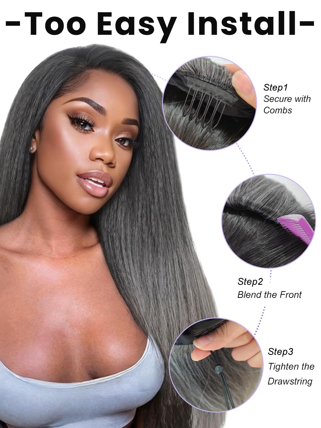 catti Yaki Straight Half Wig Ombre Black Grey Synthetic Hair 22"