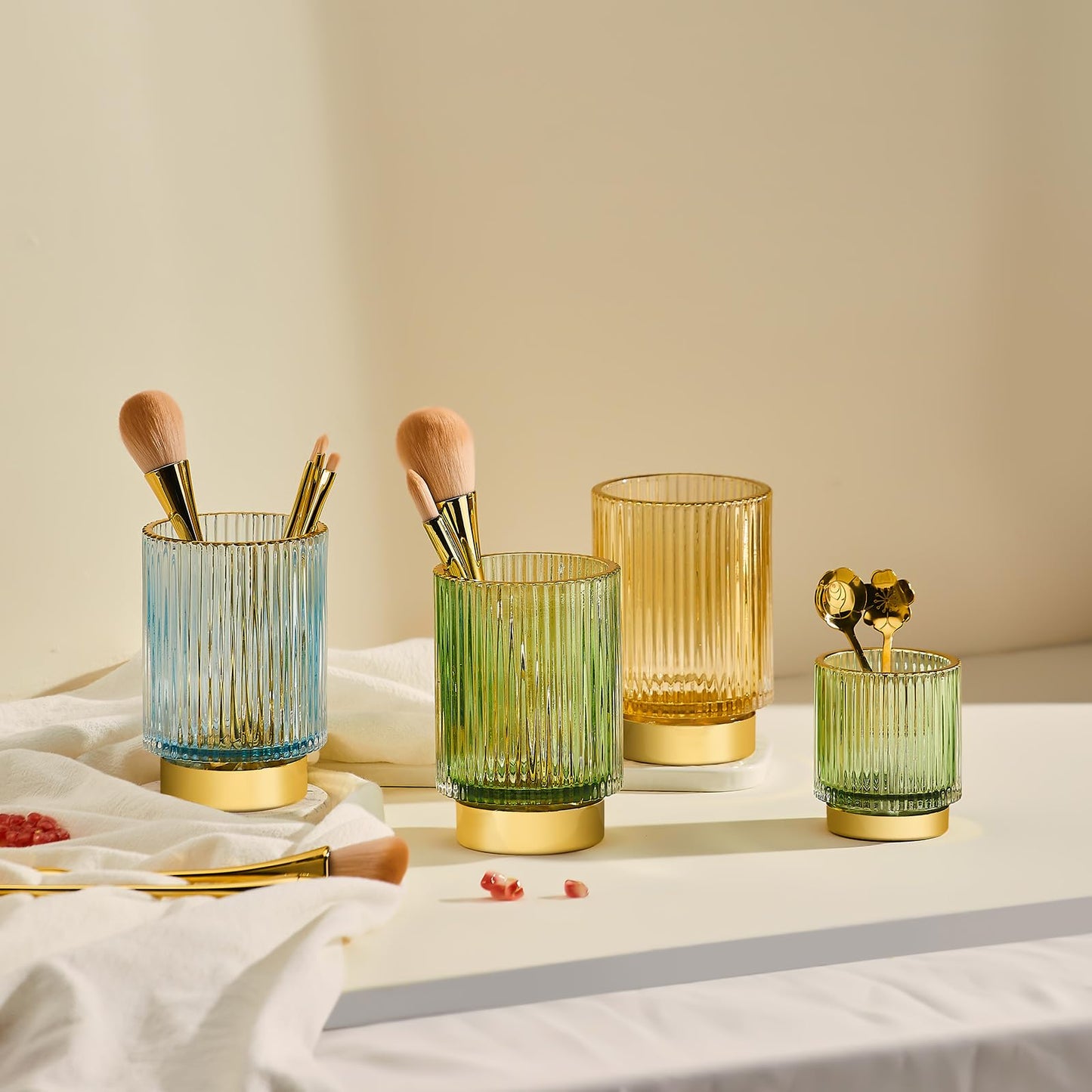 LEICURACE Makeup Brush Holder Organizer,Toothbrush Holders,Desk Pen Pencil Holder,Multifunctional Vintage Glass Brush Cup（S+L/Green/A3-1-US）