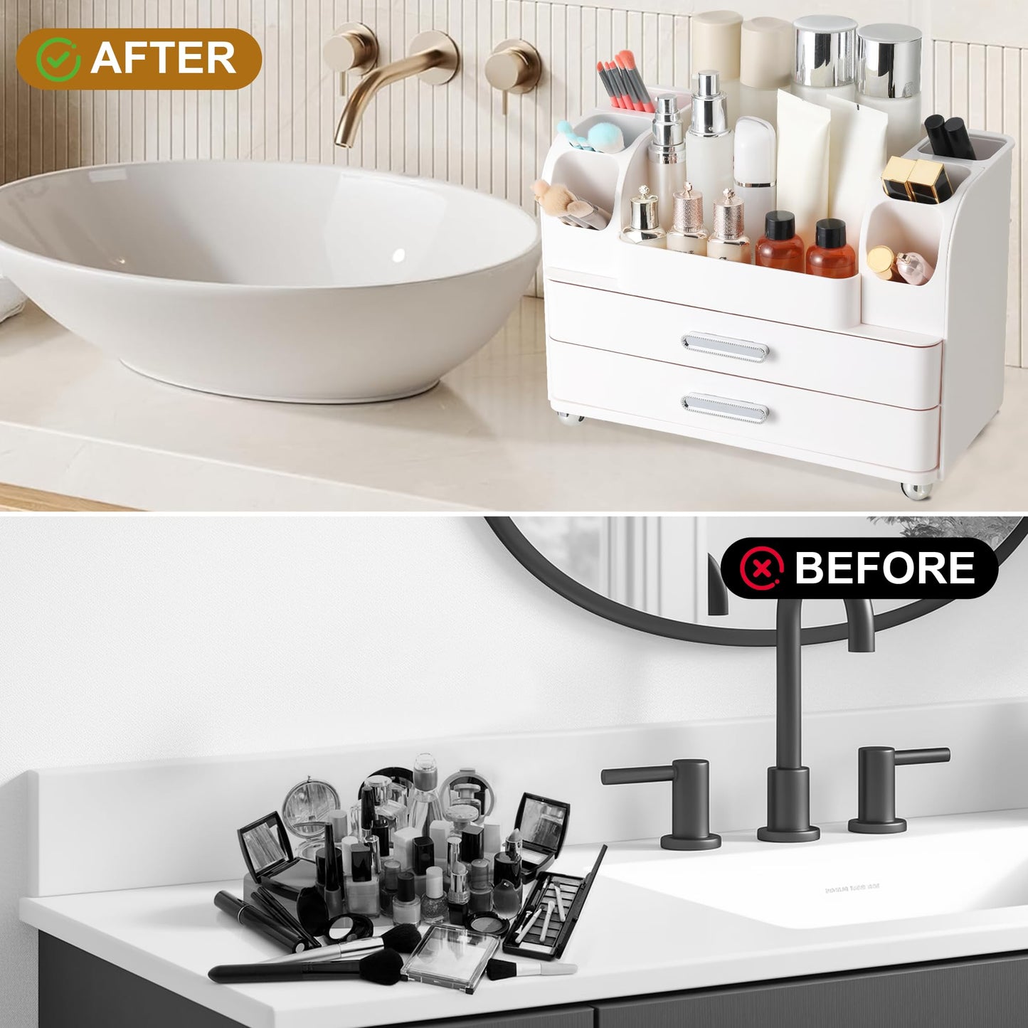 Dozesheep Large Makeup Organizer Countertop with Drawers, Make Up Organizer for Vanity, Makeup Storage Organizer Countertop Makeup Organizers for Skincare, All White