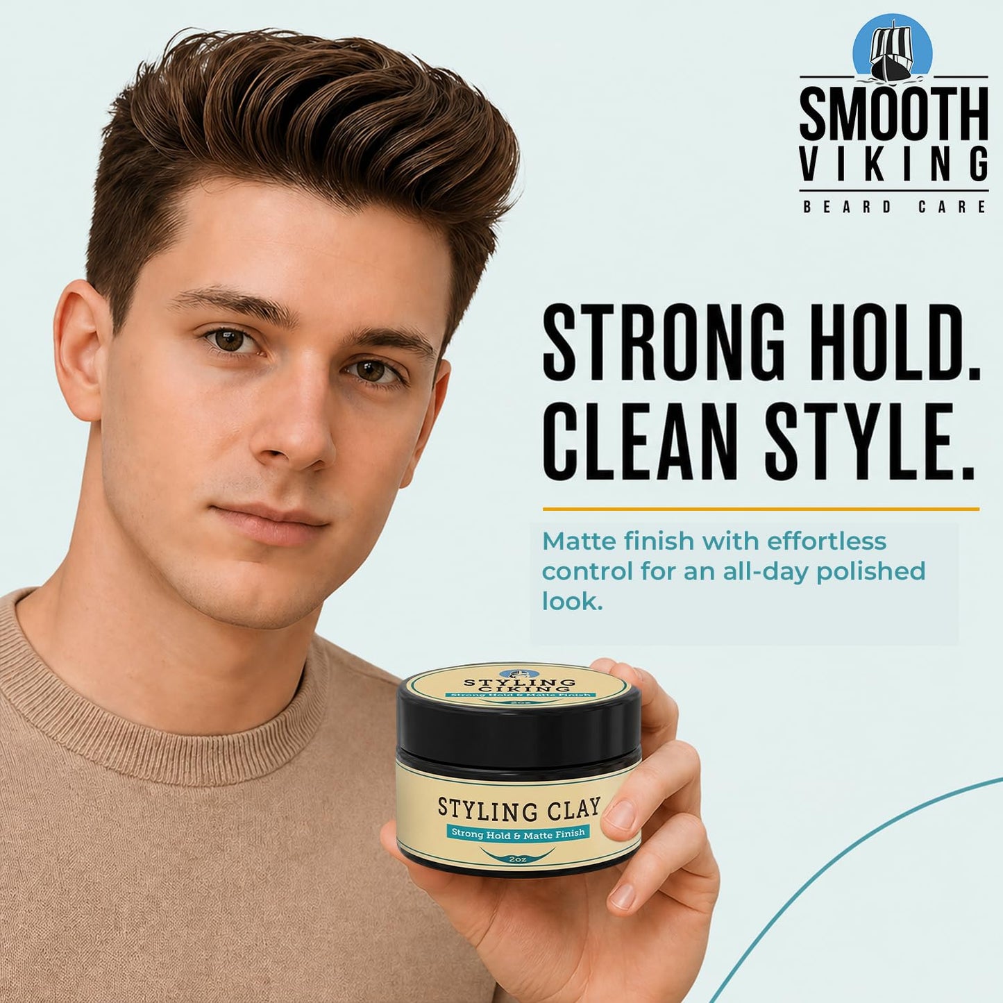 Smooth Viking Hair Clay for Men Strong Hold Matte Finish Pomade Texture Styling Paste Natural Thickening Hair Product Easy Wash Out All Type Hairs 2oz