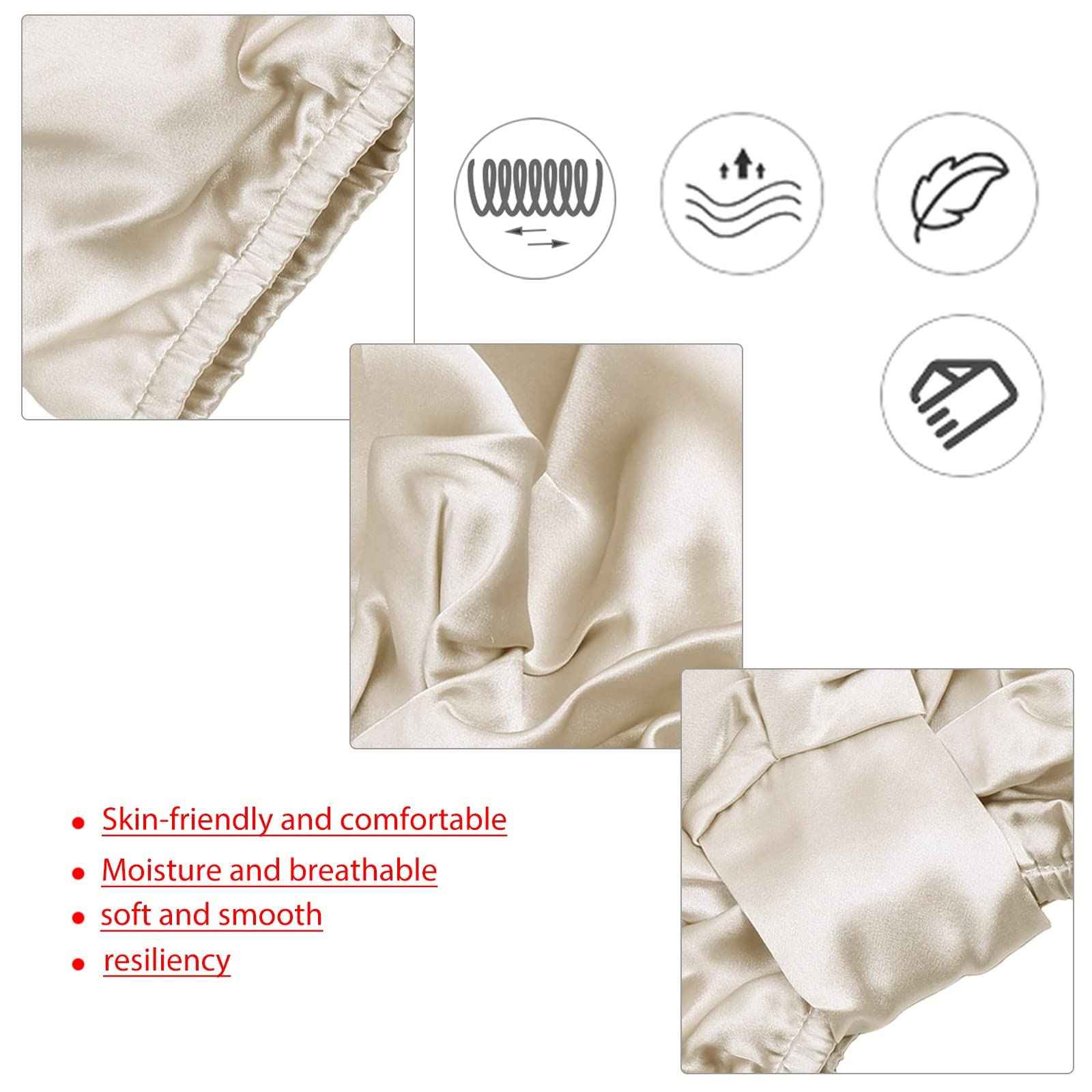 Sportmusies Mulberry Silk Sleep Cap Hair Care Elastic Ruched Nightcap for Long Hair Breathable Satin Bonnet, Khaki