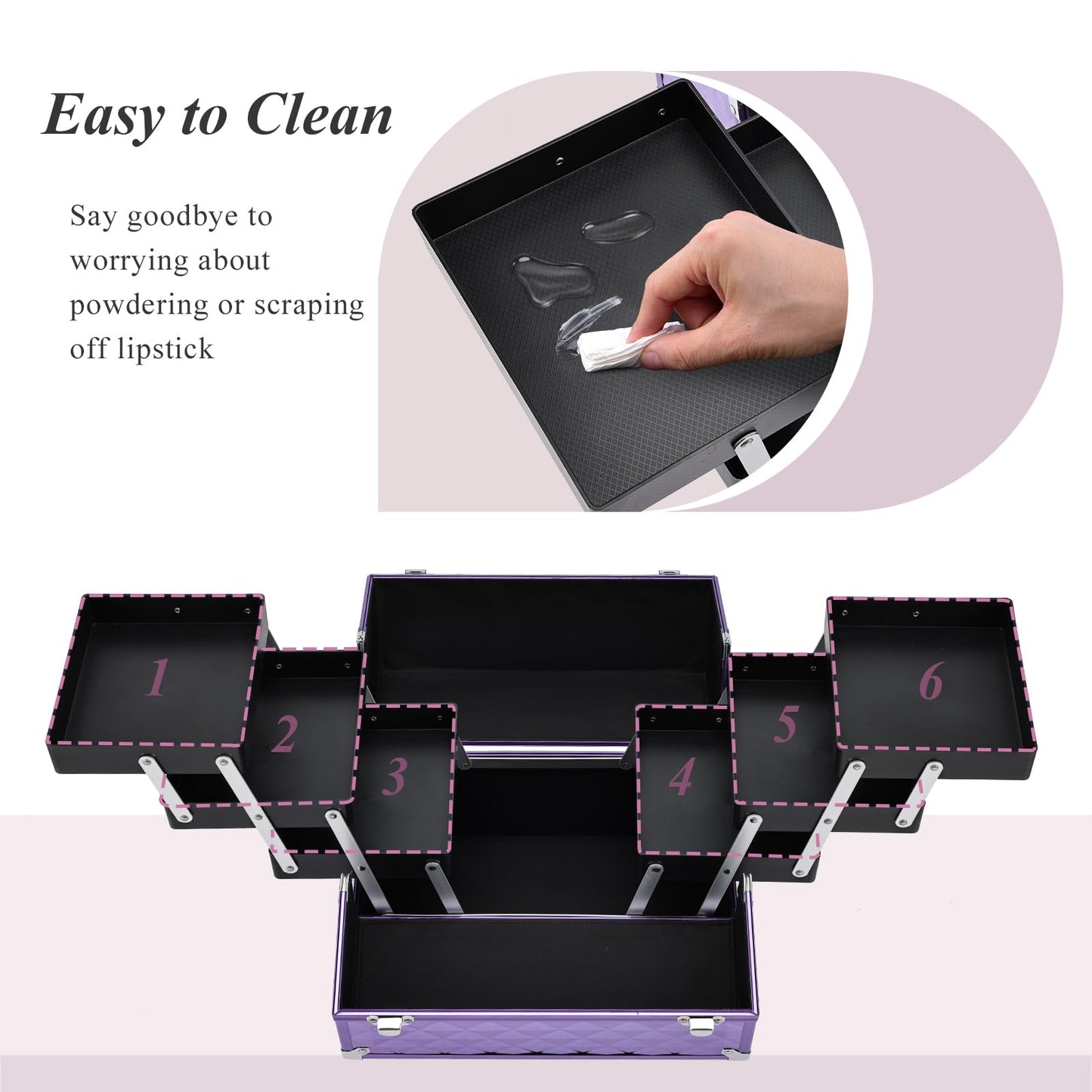 Frenessa Makeup Train Case 12 Inch Portable Cosmetic Case - 6 Tier Professional Makeup Storage Box Organiser Box Make Up Carrier with Lockable Keys Travel Case for Women and Girls - Purple