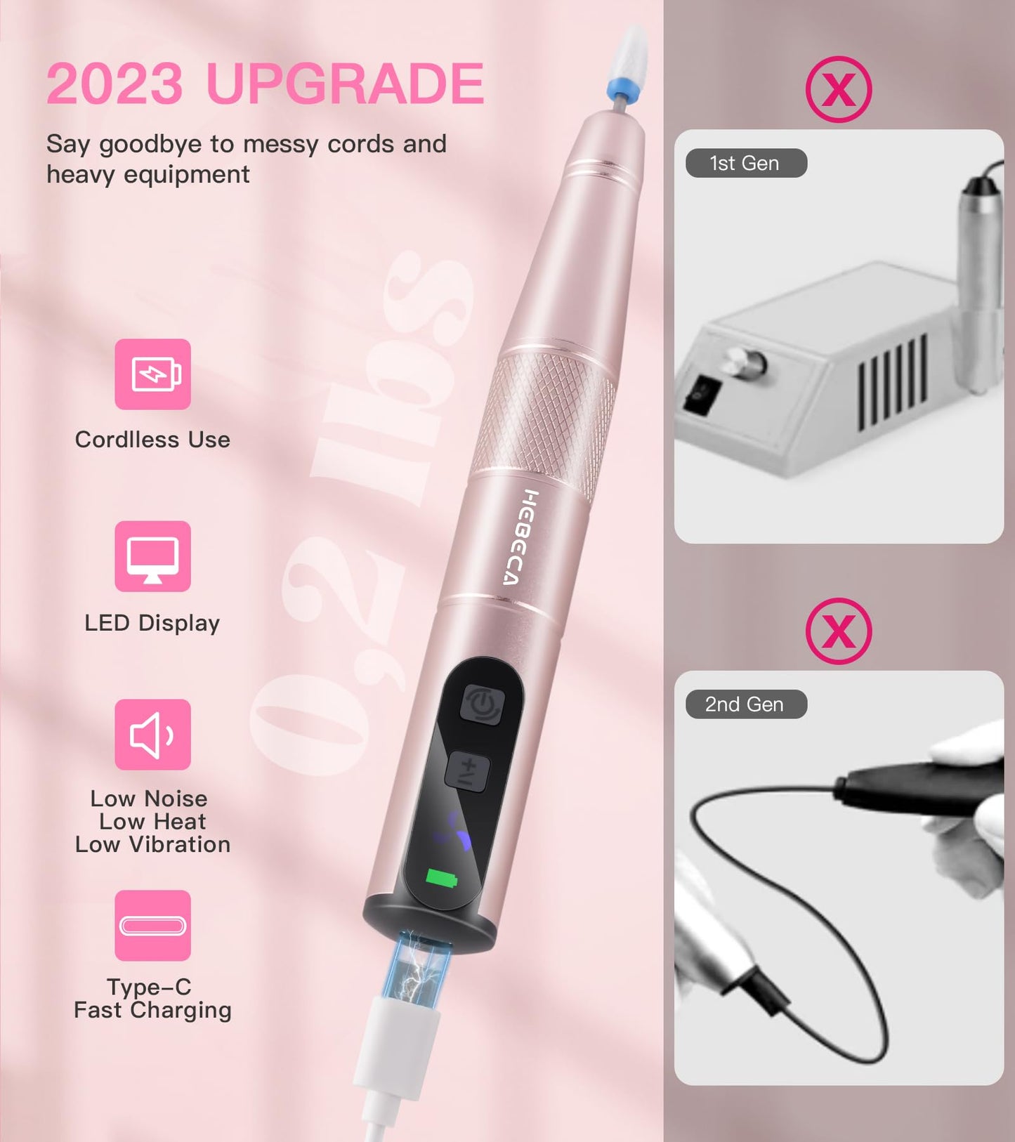 HEBECA Cordless Nail Drill Set, Electric Nail Files and Buffers Drill Nails for Natural or Acrylic Gel Nails - Rechargeable Nail File Nail Drill Machine Manicure Nail Dremel Kit (Gold)